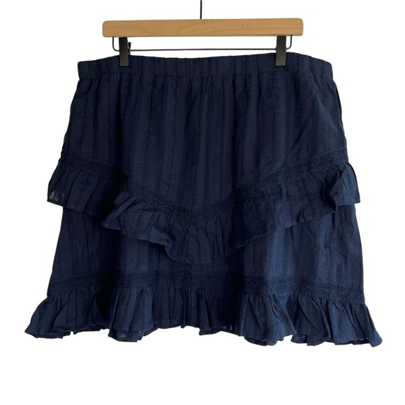 Lace Insert Tiered Ruffle Cotton Mini Skirt Boho Nautical Summer Navy Blue XL - Picture 3 of 10